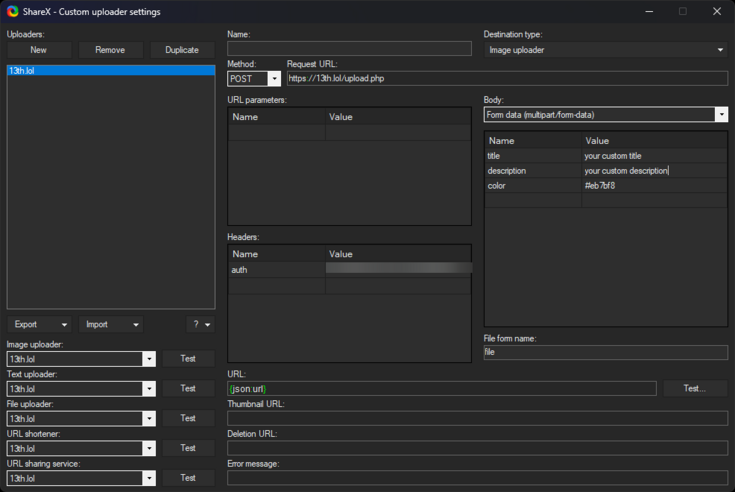 ShareX uploader settings screenshot